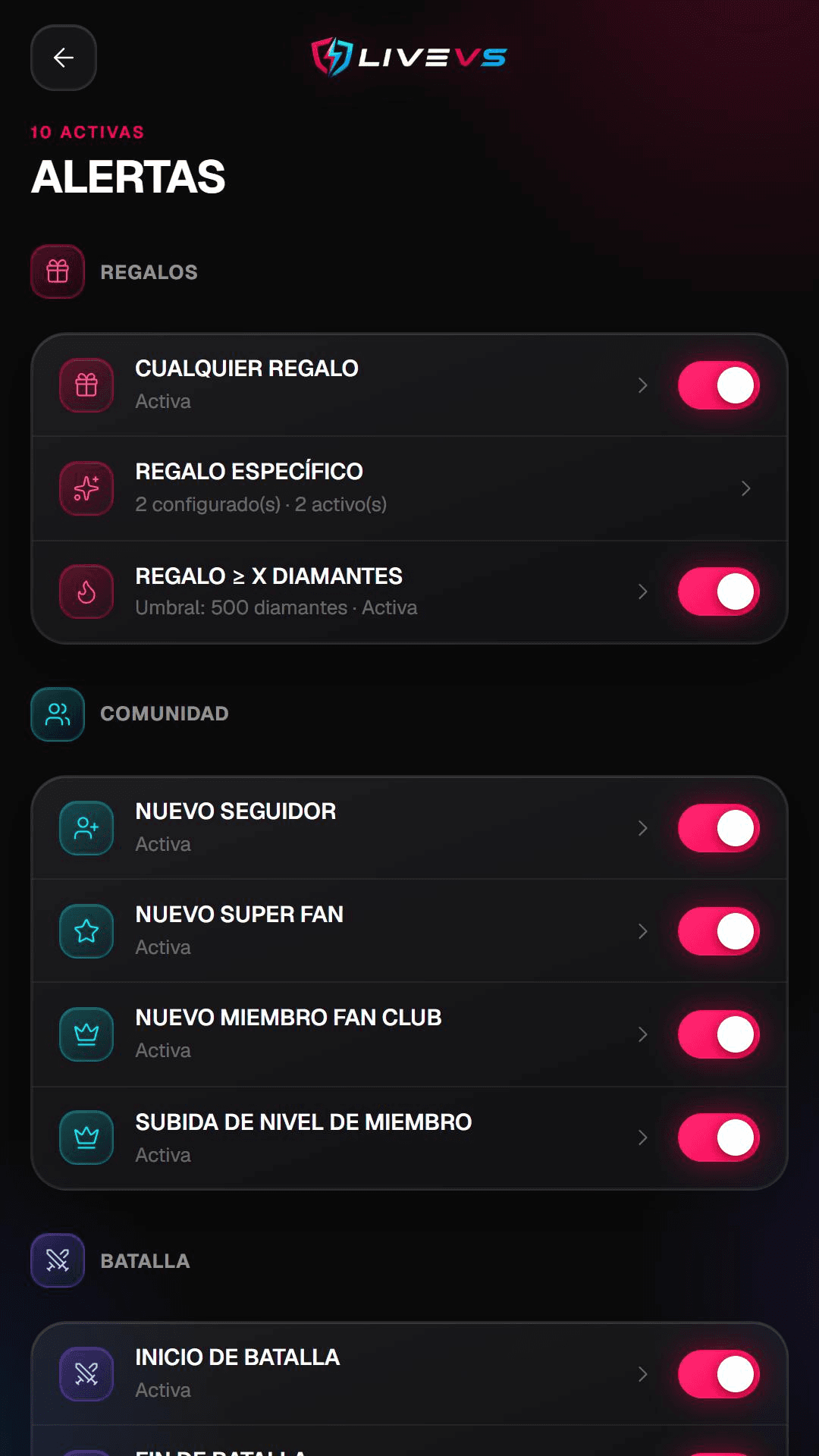 Pantalla de alertas de LiveVS Mobile, con varias alertas activas organizadas por regalos, comunidad y batalla