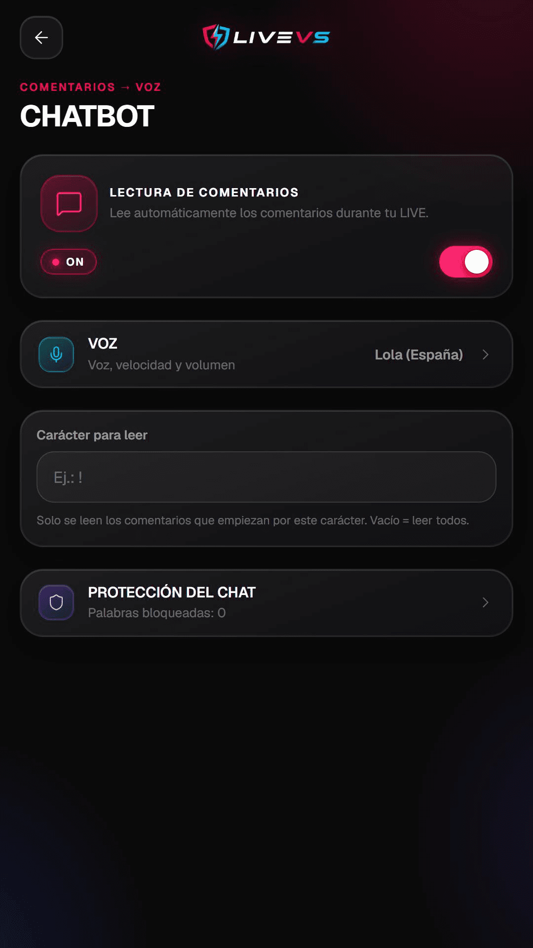 Pantalla de configuración de voz de LiveVS Mobile: voz, velocidad, volumen y carácter para leer