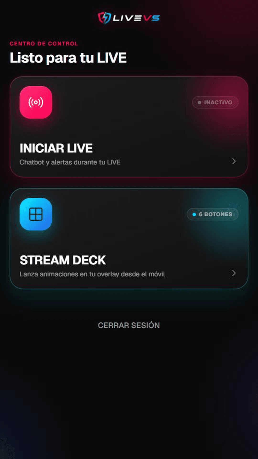 Pantalla de inicio de LiveVS Mobile, con el Stream Deck configurado y el LIVE listo para iniciar