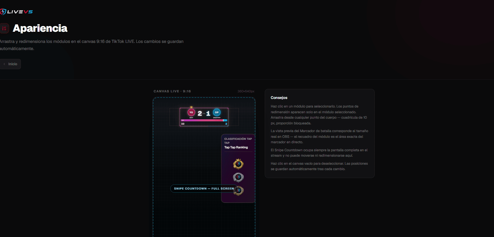 Editor de apariencia LiveVS — arrastra y redimensiona módulos en el canvas 9:16