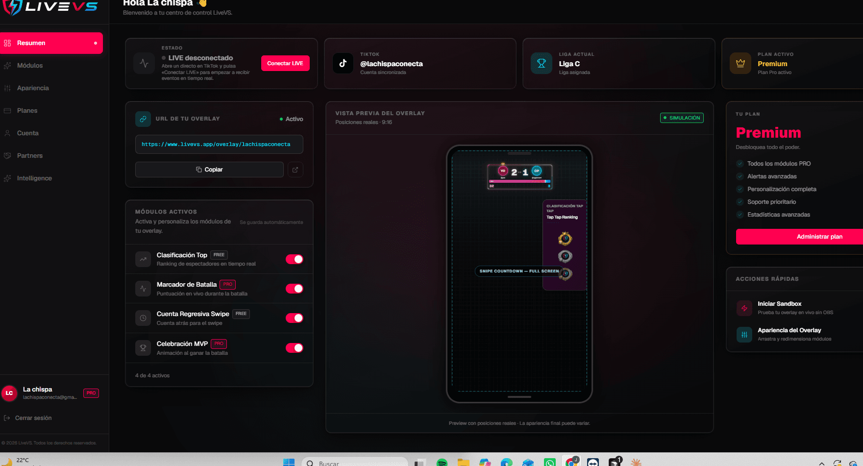 Panel de control LiveVS — módulos activos, preview del overlay, plan y acciones rápidas