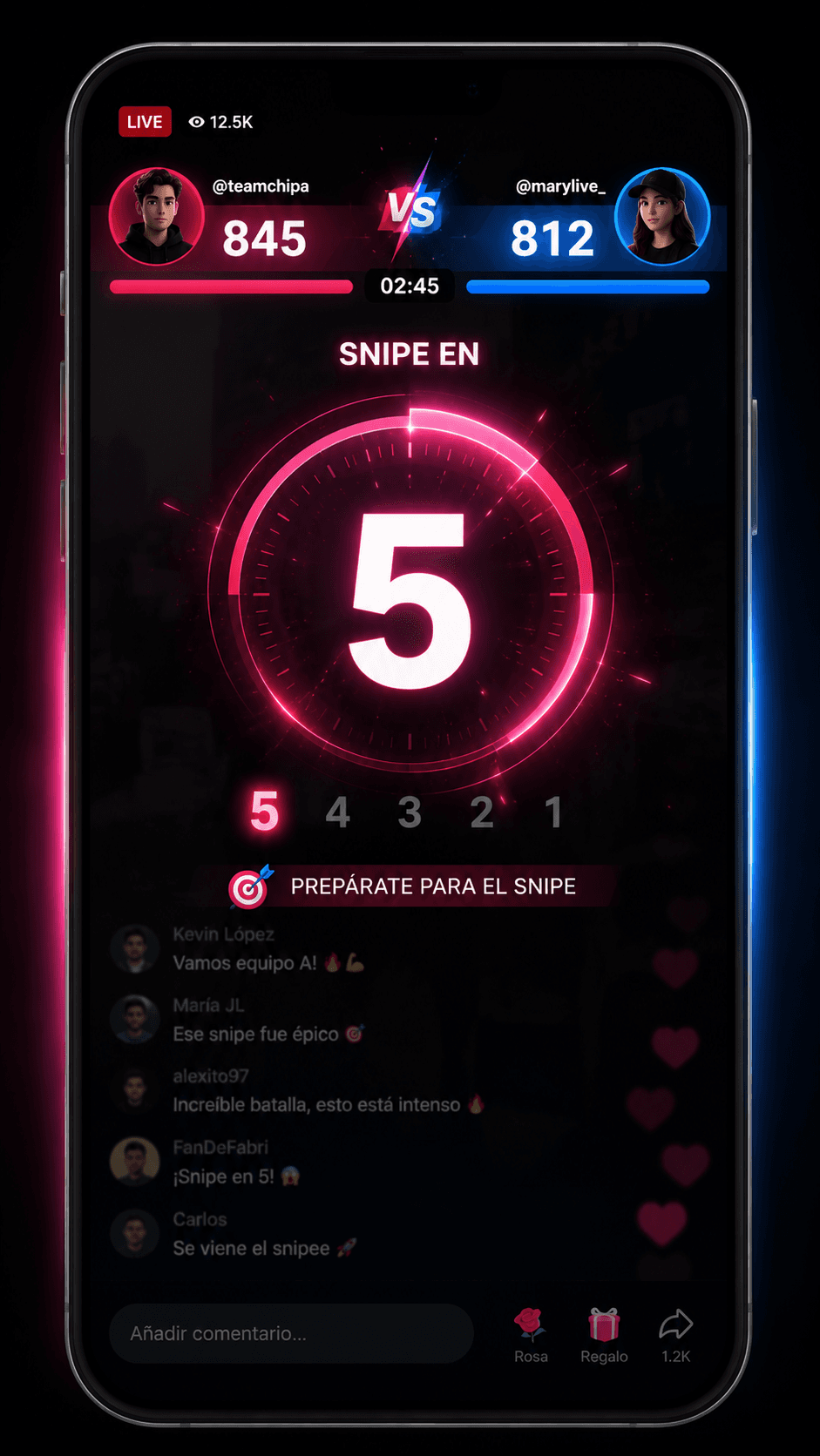 Cuenta regresiva de snipe · 5, 4, 3, 2, 1 · ejecución automática